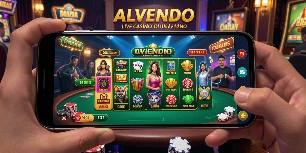 Screenshot gameplay ALVENDO menunjukkan dealer langsung dan meja permainan yang menarik.