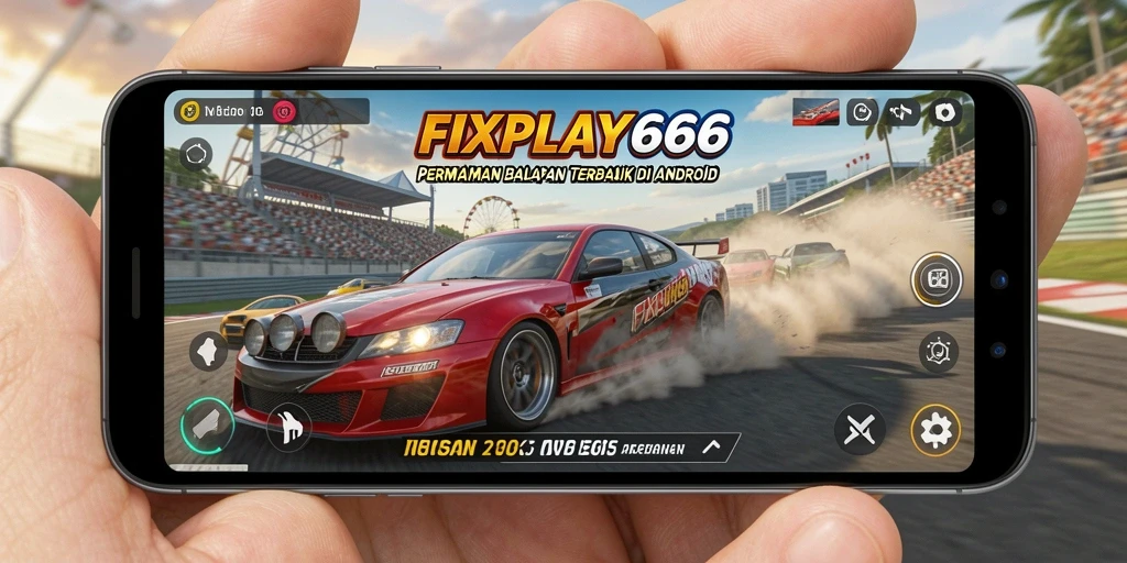 Screenshot utama FIXPLAY666 menampilkan aksi balapan seru di lintasan.