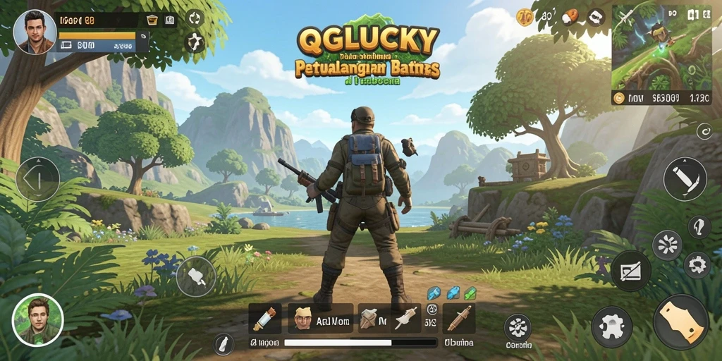 Tangkapan layar utama QGLUCKY menampilkan gameplay petualangan Open World yang memukau.