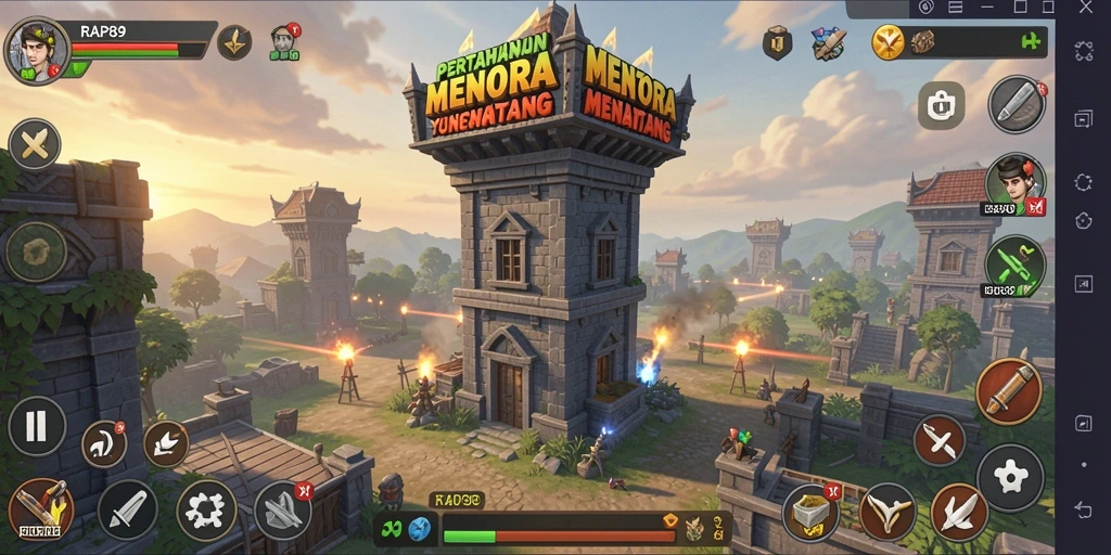 Screenshot gameplay RAP89 dengan menara pertahanan yang strategis.