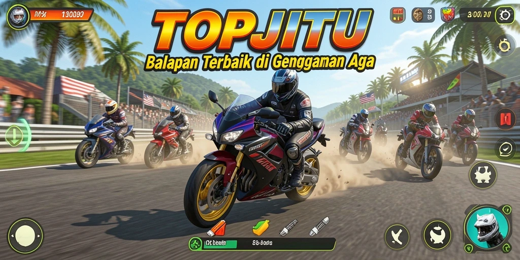 Screenshot utama TOPJITU menampilkan aksi balapan motor yang mendebarkan.